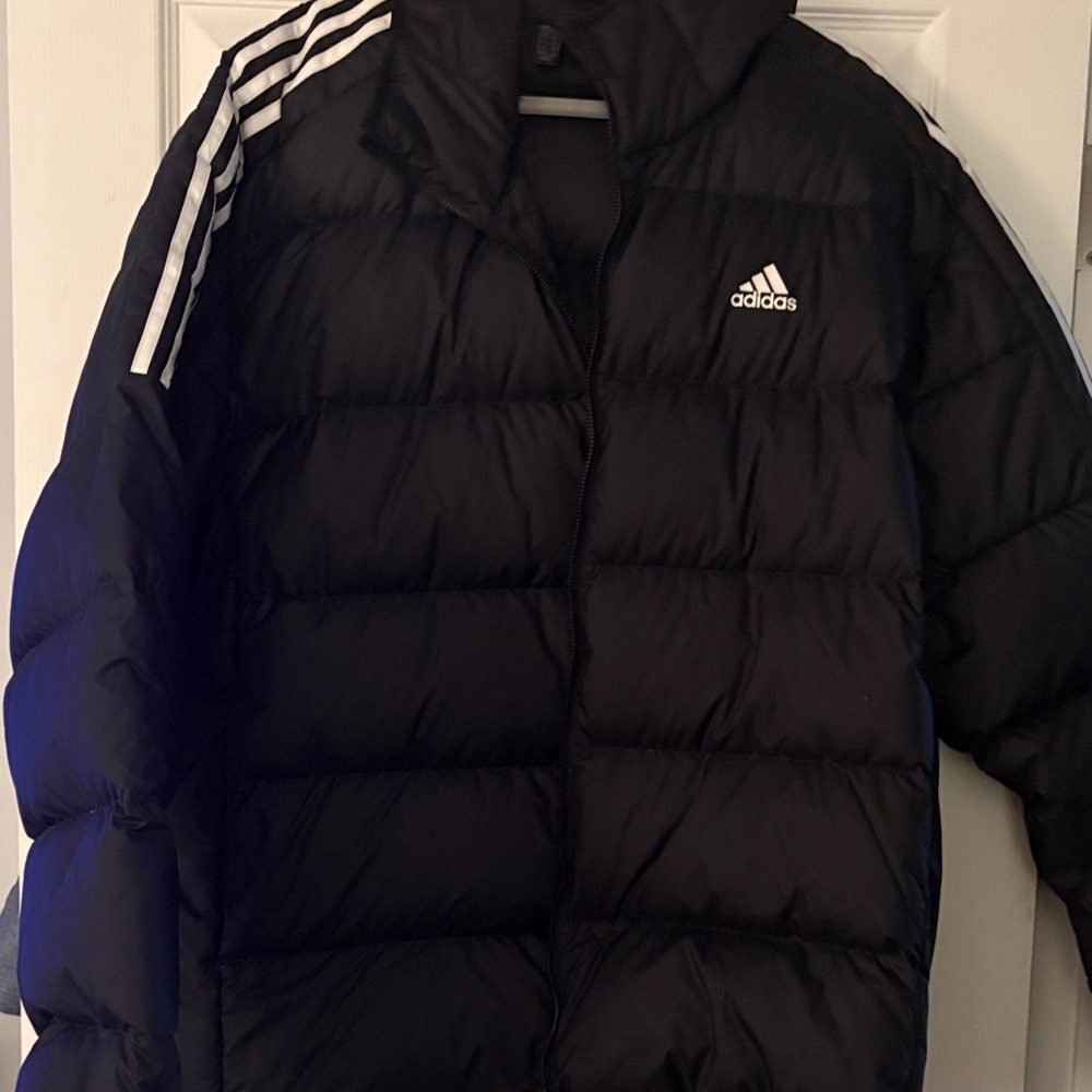 adidas Black Puffer Jacket with White Stripes